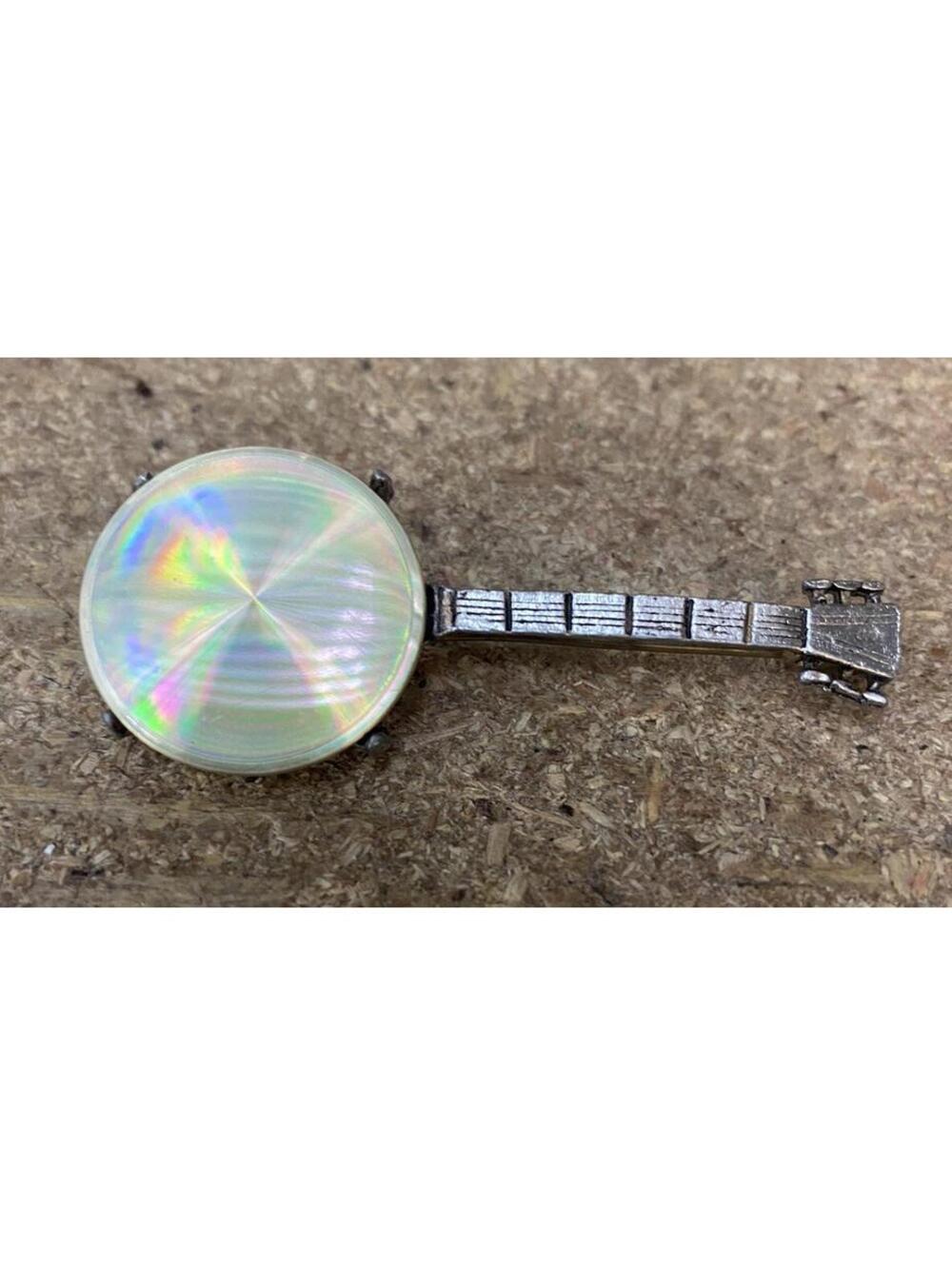 VINTAGE SILVER TONE MOTHER OF PEARL BANJO PIN BROOCH